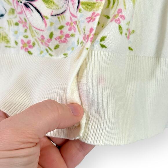 Vintage Talbots Cardigan Womens L Ivory Floral Print V-Neck Cotton Blend Cottage - Picture 4 of 9